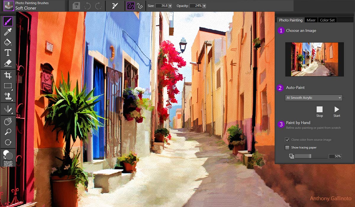   A watercolor painting of a street under sunny sky. And at two sides are menus of the Painter Essentials 7 